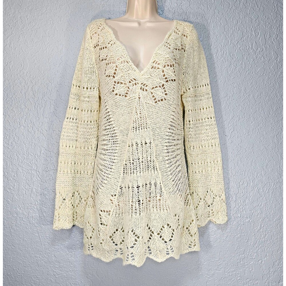 Y2K Lucky Brand Boho Crochet Tunic Sweater Cream Alpaca Wool Open Knit Cozy Sz L
